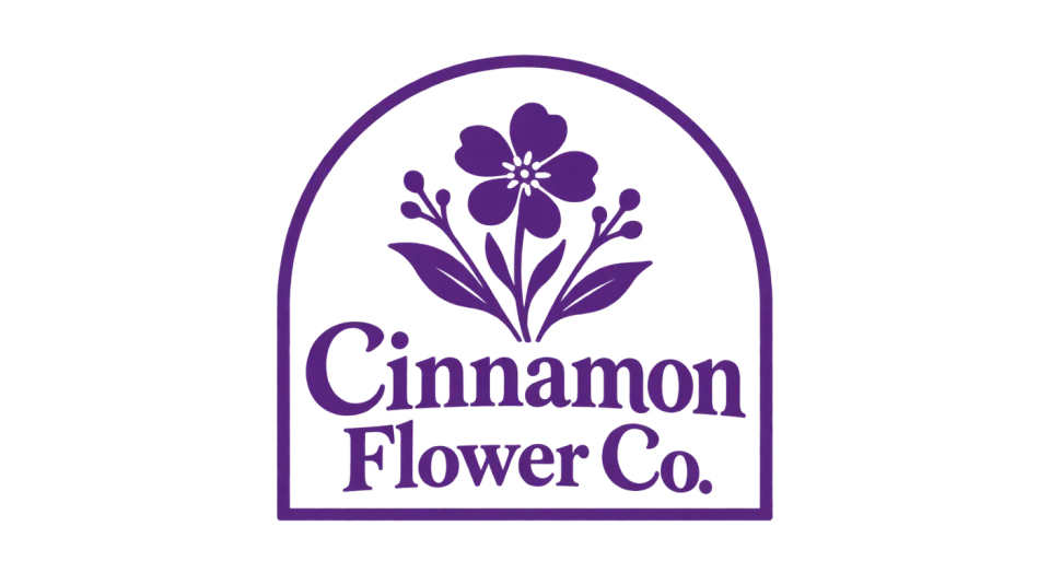Cinnamon Flower Co. emblem logo idea: The arch frames a modest flower and the full shop name in a tidy, welcoming badge.