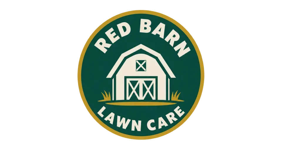 Red Barn Lawn Care emblem logo idea: A simple barn above a clean lawn line makes the company name easy to picture while the round emerald badge keeps the feel friendly and reliable.