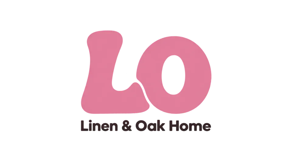 Linen & Oak Home lettermark logo idea: A chunky pink LO with the studio name tucked beneath feels like a cheerful little sign for an interiors studio.