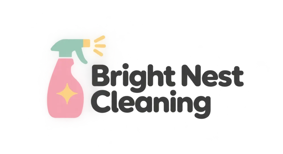 Bright Nest Cleaning combination mark logo idea: A simple pink spray bottle beside the name makes the cleaning service immediately clear and gives the logo a friendly, dependable feel.