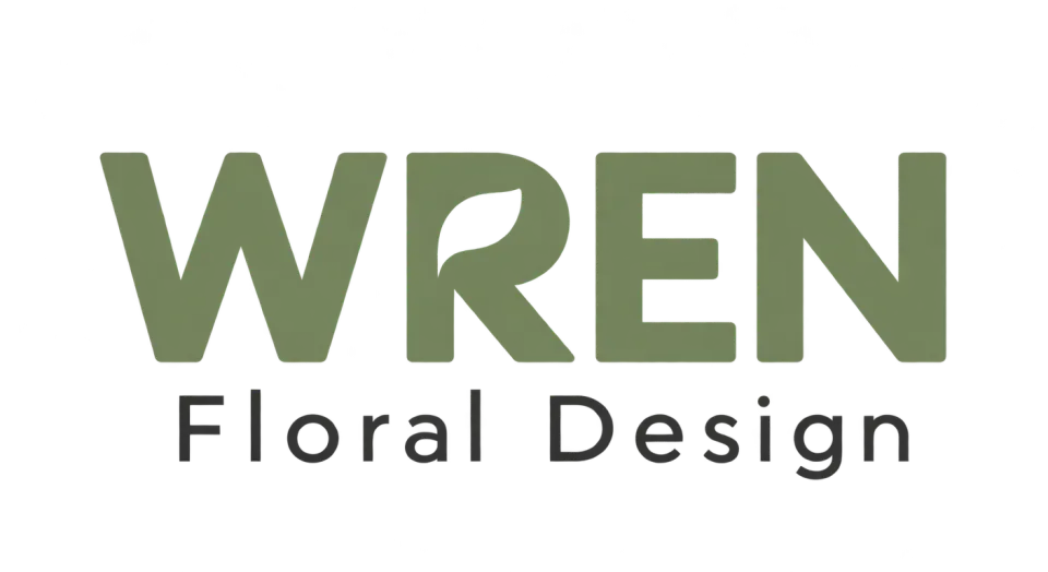 Wren Floral Design wordmark logo idea: A small petal hidden in the R gives this crisp, easy-to-read Wren Floral Design wordmark a subtle floral signature.