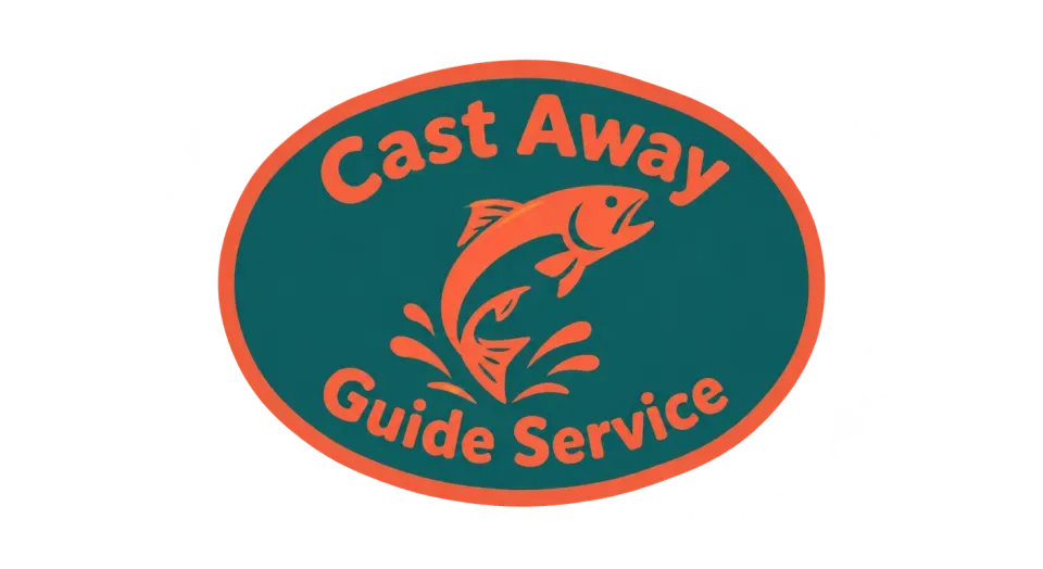 Cast Away Guide Service emblem logo idea: A leaping fish between the two name lines gives Cast Away Guide Service a clear, welcoming charter-badge look.