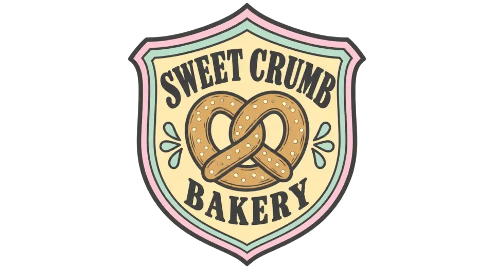 Sweet Crumb Bakery emblem logo idea: A simple pretzel framed by the bakery’s name gives Sweet Crumb Bakery the welcoming feel of a familiar neighborhood sign.
