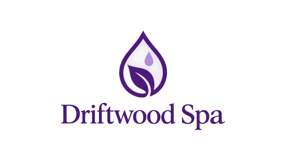 Driftwood Spa combination mark logo idea: A leaf held within a water drop gives Driftwood Spa a simple emblem of nature and restorative care.