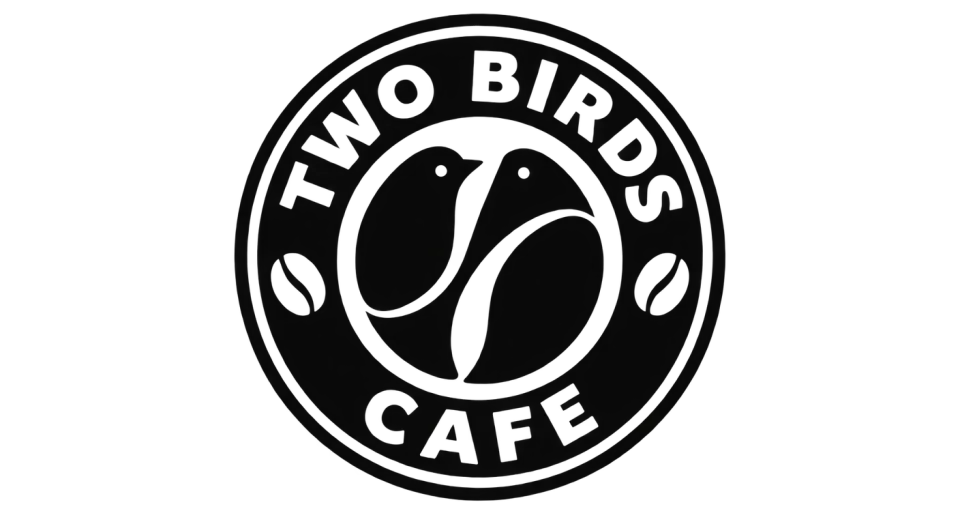 Two Birds Cafe emblem logo idea: Two birds combine into a coffee bean at the heart of a round badge, bringing the cafe’s name and its coffee together in one simple image.