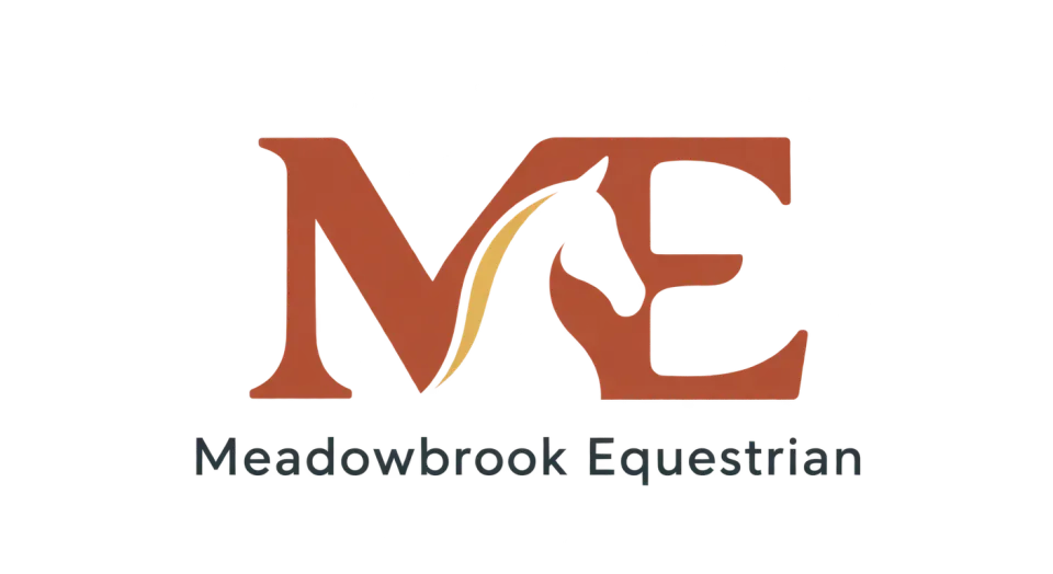 Meadowbrook Equestrian lettermark logo idea: The open space around the E keeps both initials easy to read, even when the monogram is used by itself.