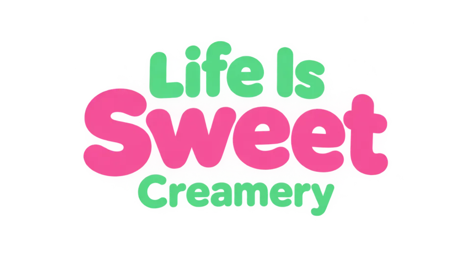 Life Is Sweet Creamery wordmark logo idea: “Sweet” takes the spotlight in soft, rounded lettering, giving Life Is Sweet Creamery a cheerful feel that suits a dessert shop.
