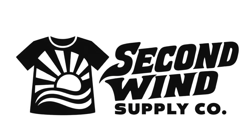 Second Wind Supply Co. combination mark logo idea: A few broad, wind-swept rays turn the shirt-and-sun icon into a brisk, energetic take on a second wind.
