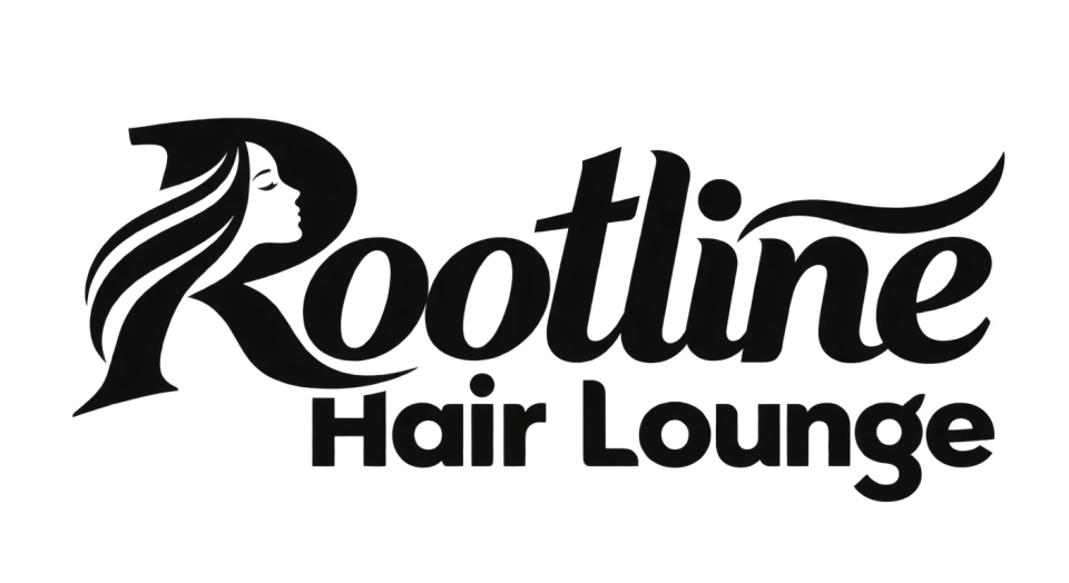 Rootline Hair Lounge wordmark logo idea: The energetic lettering and subtle profile detail bring a woman’s flowing hair into the name itself, while keeping the wordmark uncluttered.