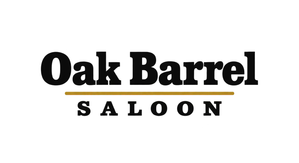 Oak Barrel Saloon wordmark logo idea: A simple gold divider gives “Saloon” its own place beneath “Oak Barrel” while keeping the full name tidy and legible.