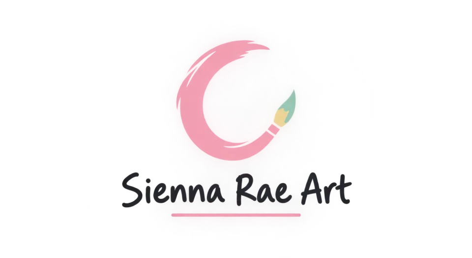 Sienna Rae Art combination mark logo idea: A sweeping crescent brushstroke gives Sienna Rae Art a lively studio feel while staying recognizable at small sizes.