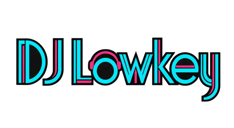 DJ Lowkey wordmark logo idea: A subtle headphone cue tucked into “Lowkey” connects the custom lettering to DJ performance without distracting from the name.