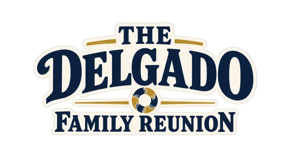 The Delgado Family Reunion wordmark logo idea: The Delgado name takes center stage in a sturdy, keepsake-like wordmark, with the reunion wording clearly gathered beneath it.