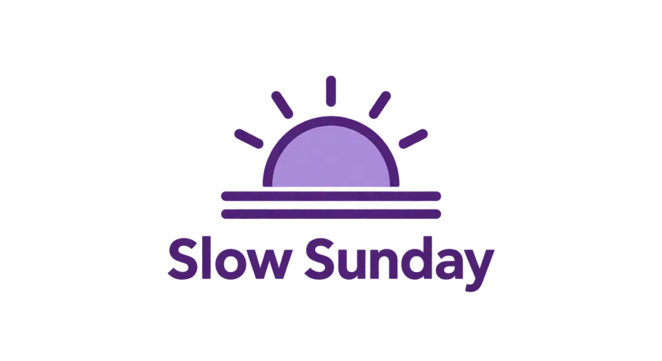 Slow Sunday combination mark logo idea: A half-sun lifting over a quiet horizon gives “Slow Sunday” the easy feeling of a slow morning.