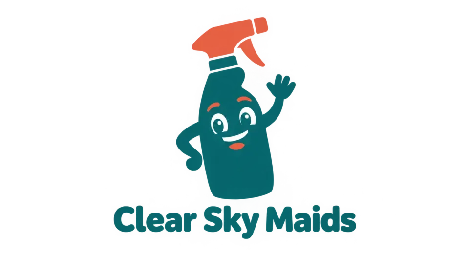 Clear Sky Maids mascot logo idea: The bottle’s upbeat raised-arm pose makes the cleaning service feel personable and proud without adding clutter.