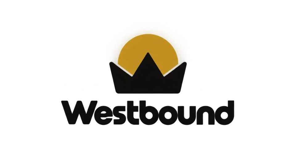 Westbound combination mark logo idea: A small crown meeting a setting sun gives Westbound a restrained 1970s nod while keeping the clothing-brand mark easy to read.