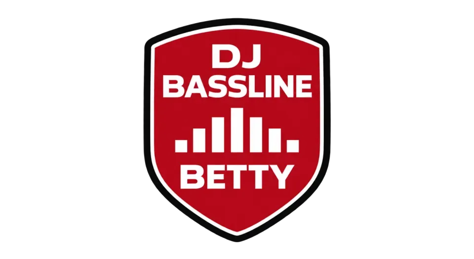 DJ Bassline Betty emblem logo idea: A bold red shield and centered equalizer make DJ Bassline Betty feel ready for the booth while keeping the name easy to read.