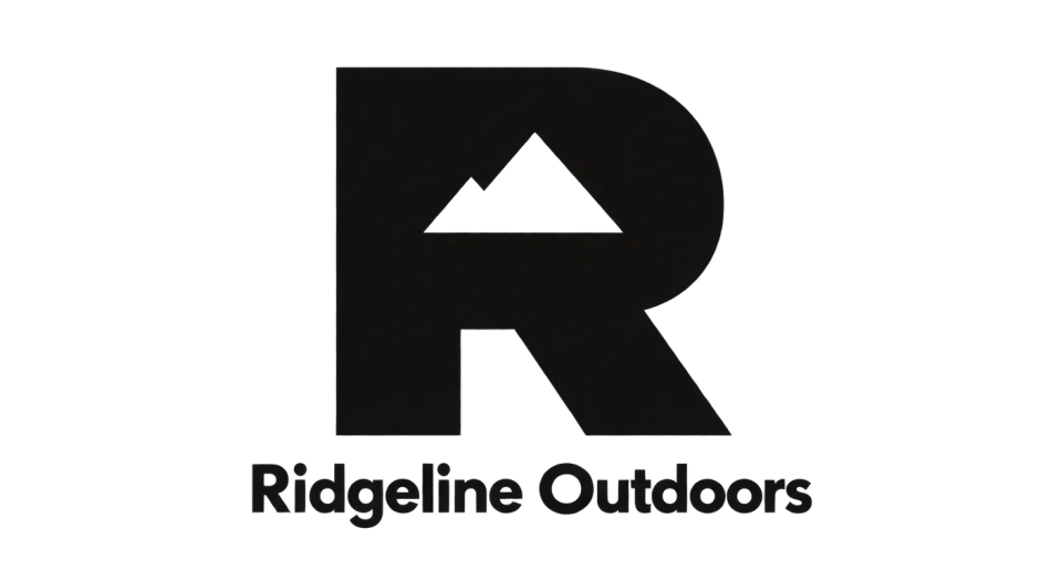 Ridgeline Outdoors lettermark logo idea: A small peak-shaped opening inside the R gives the letter a quiet outdoor cue while keeping the name clear beneath it.