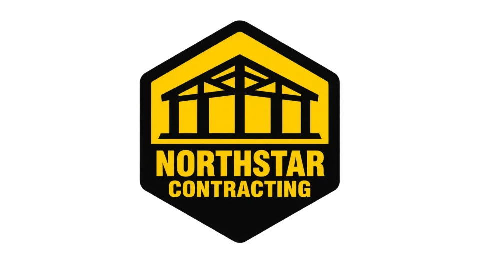 Northstar Contracting emblem logo idea: A clean building silhouette and hexagonal badge give Northstar Contracting a strong, straightforward construction identity.