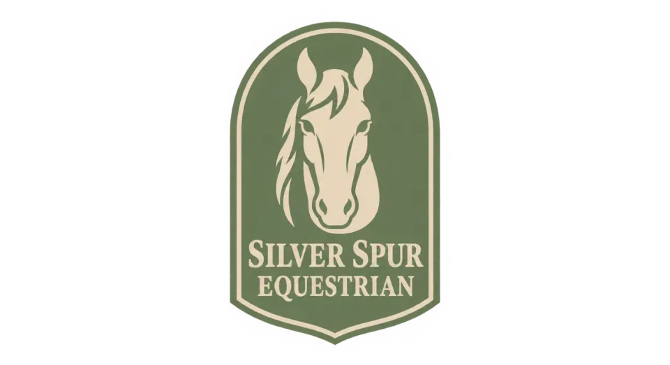 Silver Spur Equestrian emblem logo idea: A forward-facing horse gives this arched badge a steady presence, while the two-line name stays clear within the crest.
