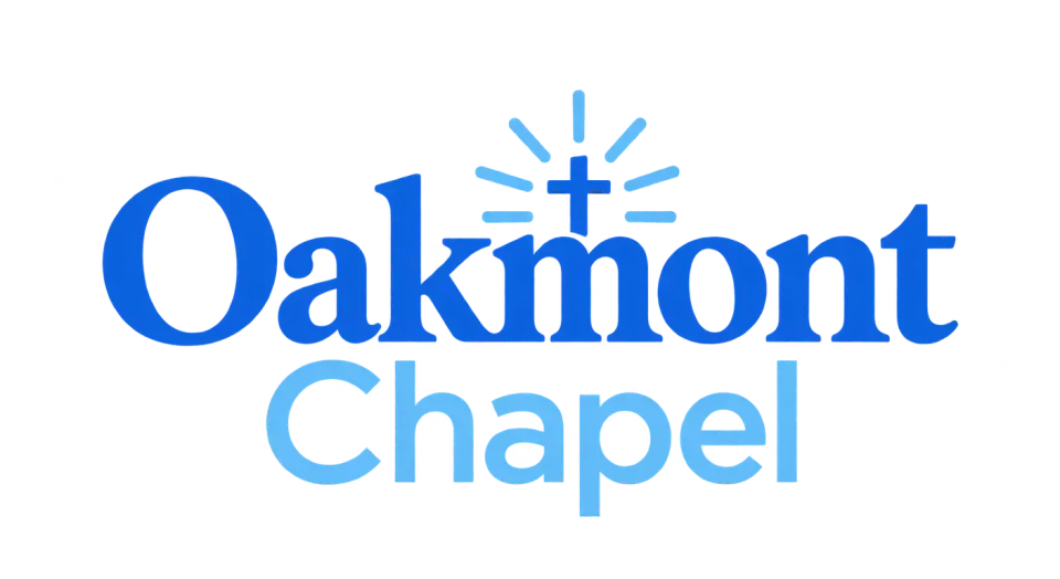 Oakmont Chapel wordmark logo idea: The balanced two-line name feels personal and community-minded, while the two blues make each word easy to distinguish.
