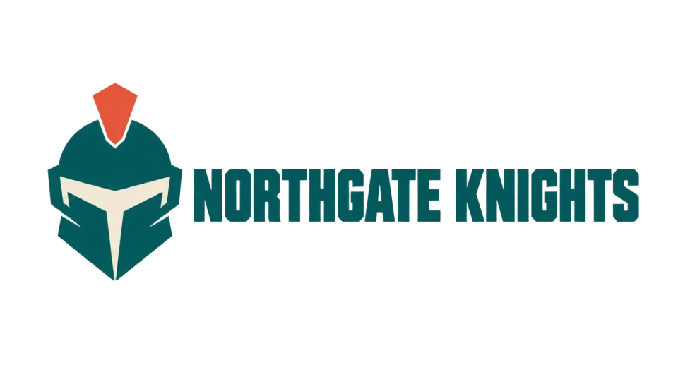 Northgate Knights combination mark logo idea: A broad teal helmet and bright crest give Northgate Knights a clear, tough team identity that stays legible at small sizes.