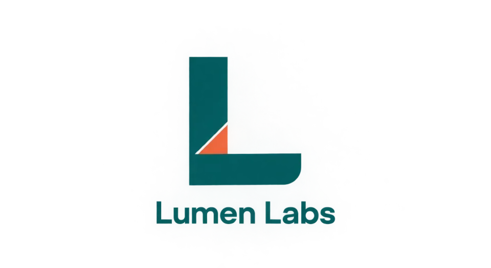 Lumen Labs lettermark logo idea: A crisp teal L with a small coral detail gives Lumen Labs a polished tech identity that also reads clearly as an app icon.