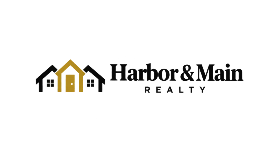 Harbor & Main Realty combination mark logo idea: A small cluster of rooflines gives Harbor & Main Realty a neighborhood feel without relying on a literal map or detailed streetscape.