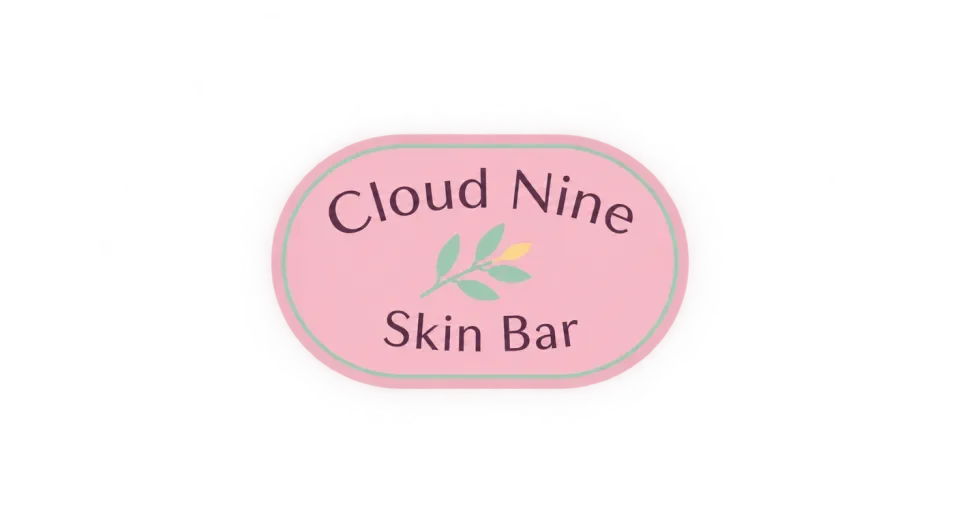 Cloud Nine Skin Bar emblem logo idea: A small sprig between the two name lines gives this compact badge a fresh, soothing character without crowding it.