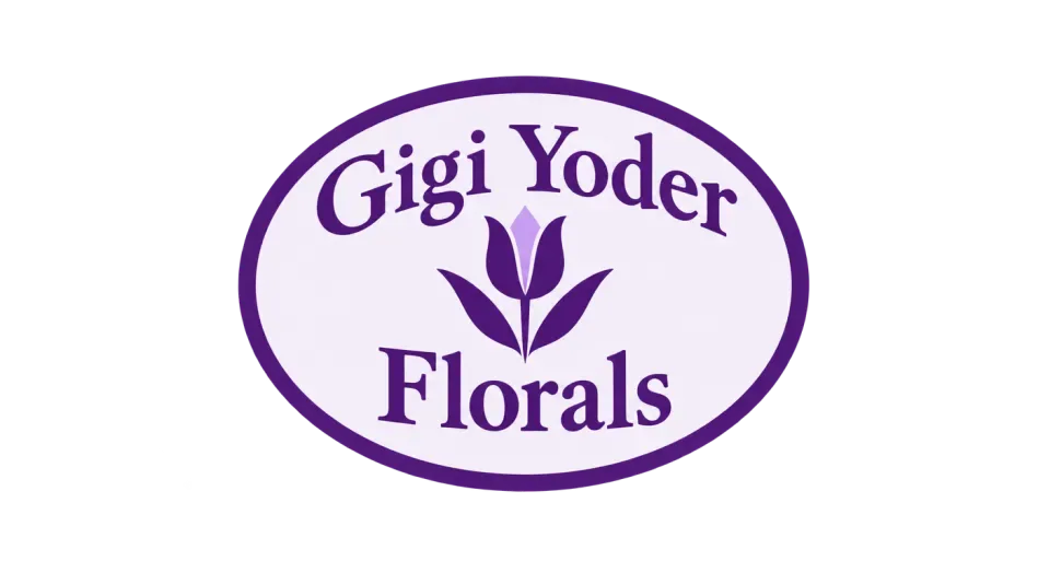Gigi Yoder Florals emblem logo idea: A simple oval cartouche keeps the flower and full name together in a calm, traditional florist badge.