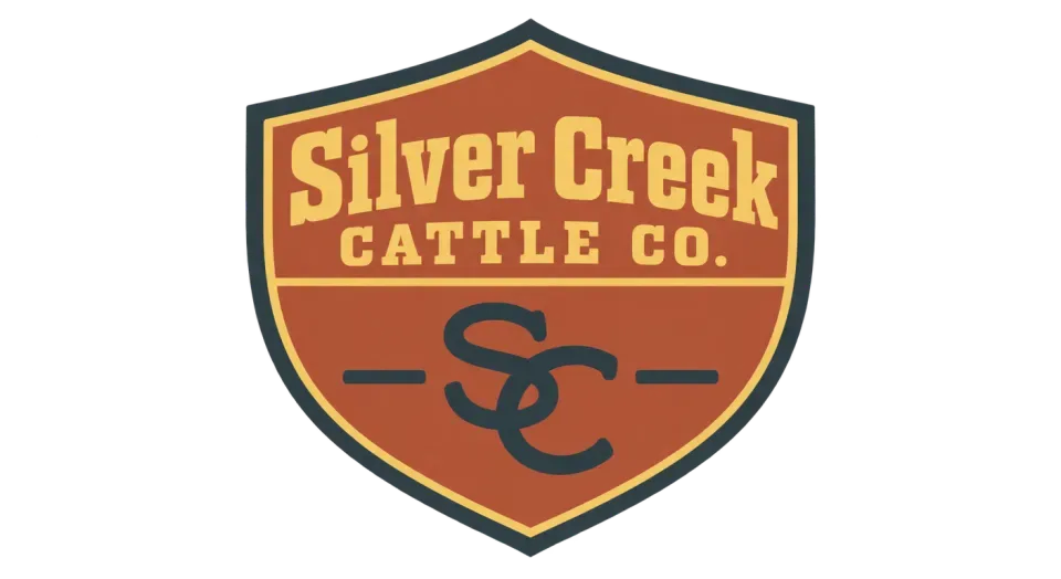 Silver Creek Cattle Co. emblem logo idea: A shield and an SC brand-style center mark make the family ranch name feel at home on a gate or a feed sack.