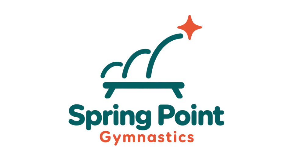 Spring Point Gymnastics combination mark logo idea: A springing line rising from a balance beam connects the name to gymnastics and gives the mark a lively, easy-to-read silhouette.