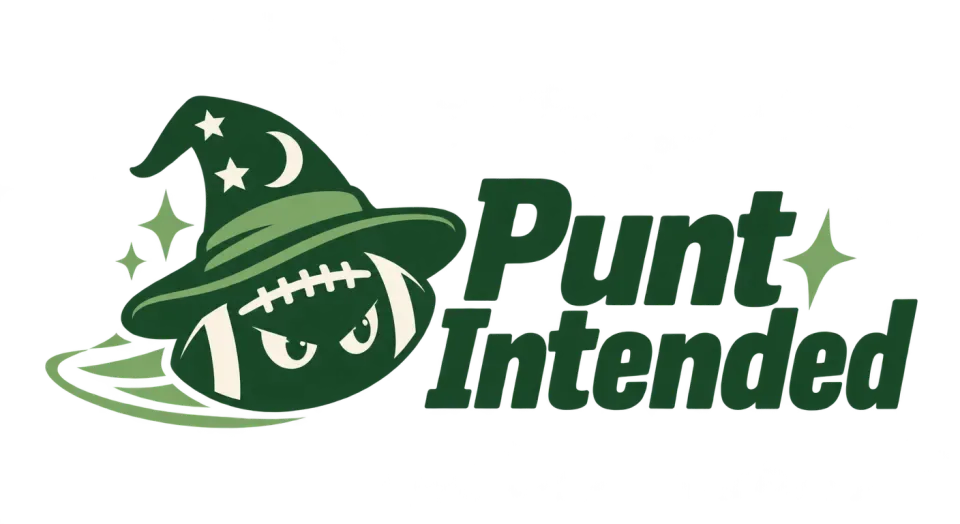 Punt Intended combination mark logo idea: A football wearing a pointed hat makes the fantasy-football joke immediate while the compact shape keeps the mark neat and spirited.