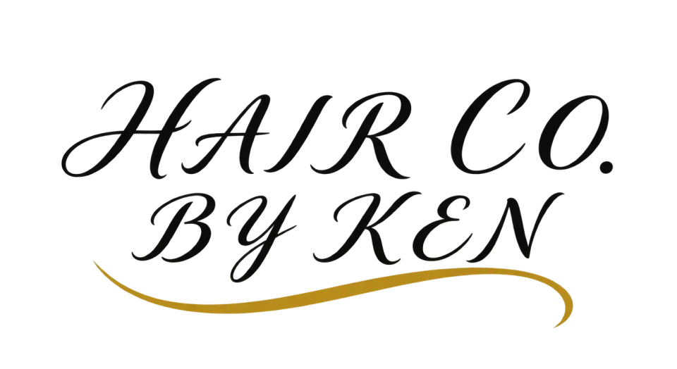 Hair Co. by Ken wordmark logo idea: The stacked name feels neat and personal, while a restrained strand-like underline gives it a soft salon touch.
