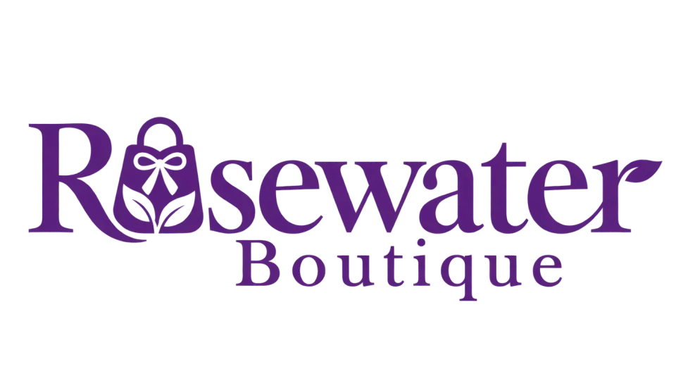 Rosewater Boutique combination mark logo idea: A compact bag-and-bow O gives Rosewater a memorable shopping cue while keeping the overall name understated.
