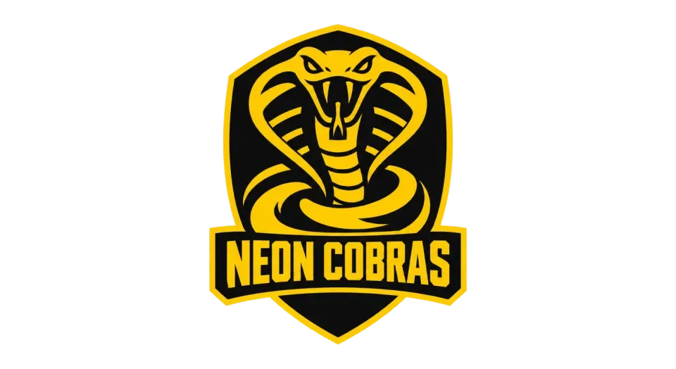 Neon Cobras combination mark logo idea: A shield enclosing a coiled cobra and the team name makes “Neon Cobras” feel like a unified team crest.