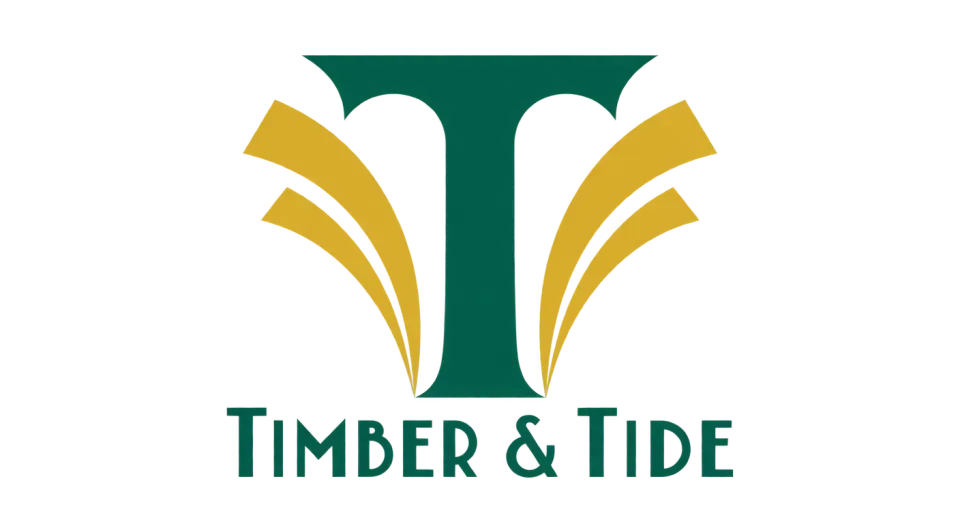 Timber & Tide lettermark logo idea: A fan-like frame around the T brings a graceful Deco touch to Timber & Tide without losing the letter’s bold, standalone shape.