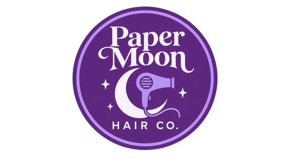 Paper Moon Hair Co. emblem logo idea: A crescent and comb give this round salon badge a clear hair-care cue while keeping Paper Moon’s name easy to spot.