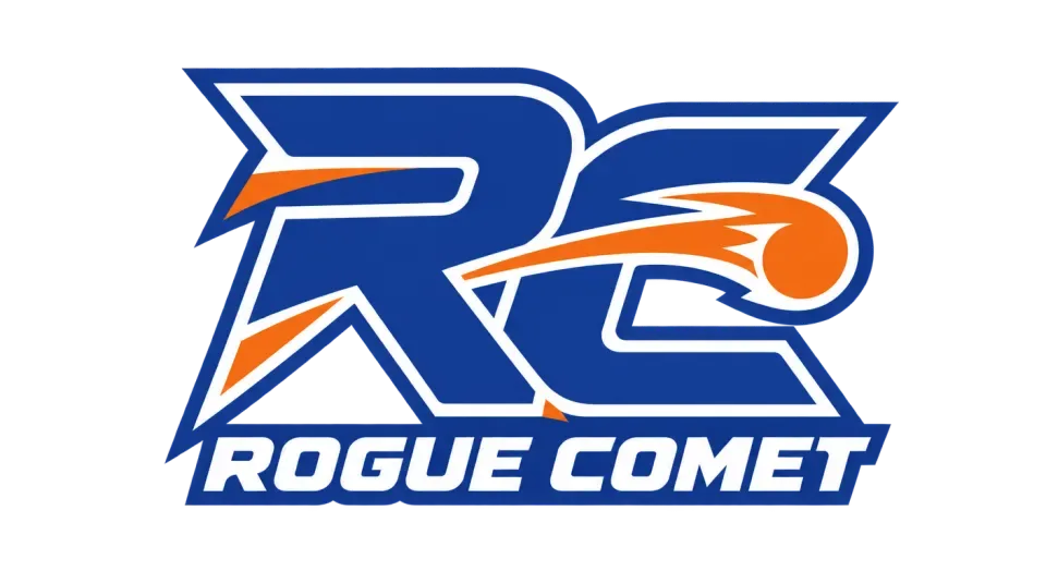 Rogue Comet lettermark logo idea: The tightly linked initials make Rogue Comet feel unified and forceful, while the clear letter shapes remain recognizable at small sizes.