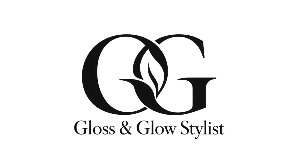 Gloss & Glow Stylist lettermark logo idea: Two interwoven Gs make a calm, leafy monogram that can stand on its own or sit above the salon name.