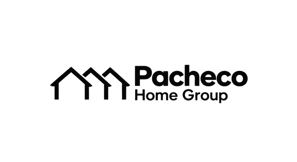 Pacheco Home Group combination mark logo idea: Three neighboring rooflines give Pacheco Home Group a clear real estate cue and suggest a range of homes without crowding the name.