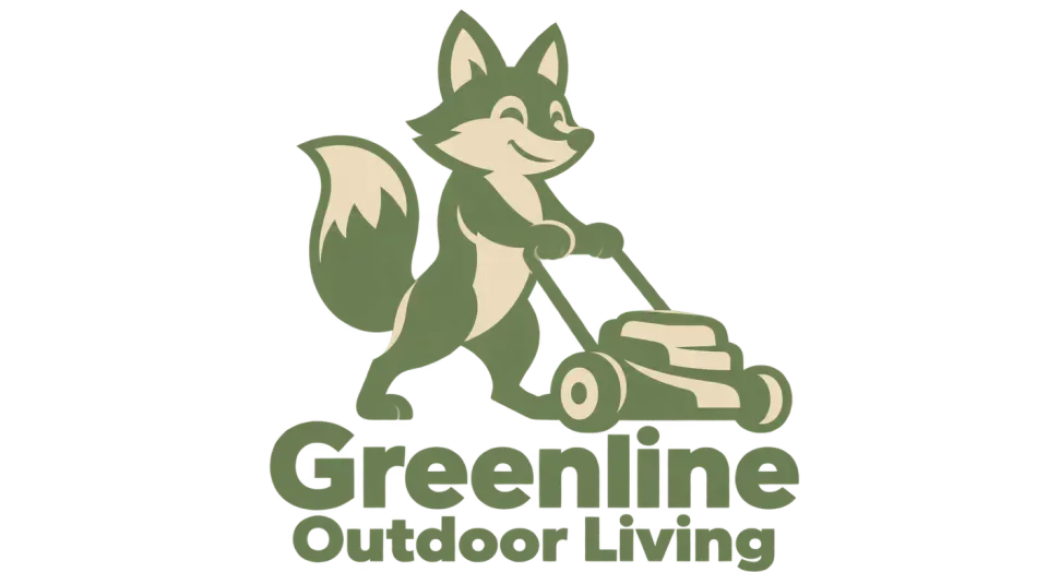 Greenline Outdoor Living mascot logo idea: The alert fox and its curved tail make a lively mascot, while the mower keeps the connection to outdoor lawn care clear.