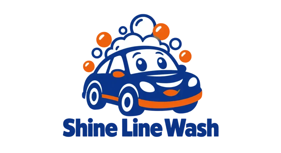 Shine Line Wash mascot logo idea: The lively angle gives this smiling, sudsy car a sense of motion while keeping the service and business name easy to recognize.