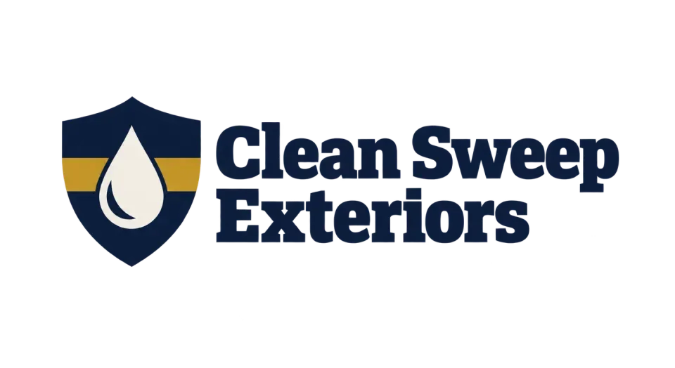 Clean Sweep Exteriors combination mark logo idea: A solid shield and clear wash band make Clean Sweep Exteriors feel ready for hands-on exterior cleaning.