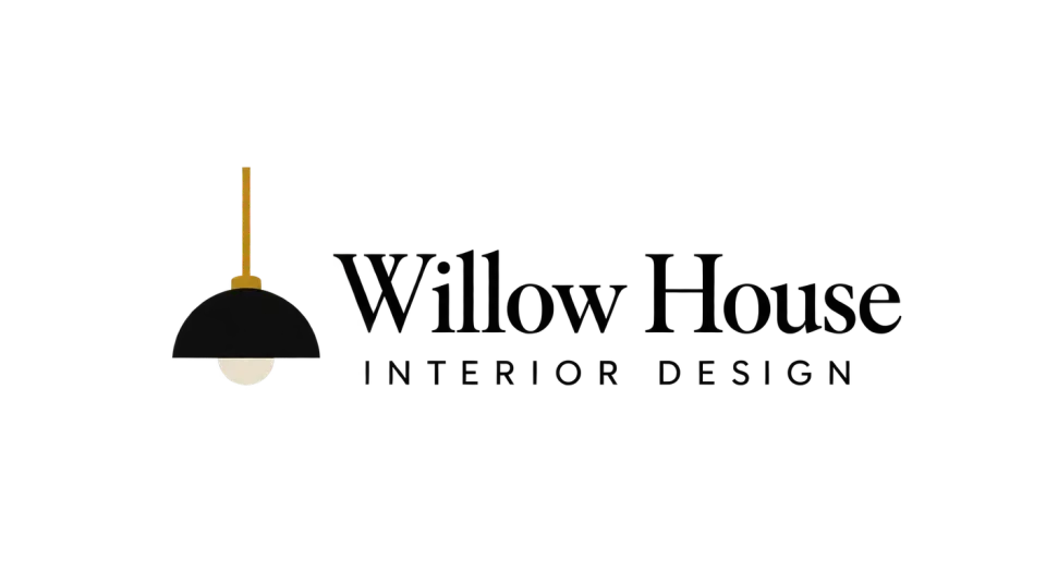Willow House Interior Design combination mark logo idea: A pared-back pendant beside the studio name gives the logo a clear interior-design cue without making it feel busy.