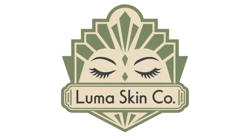 Luma Skin Co. emblem logo idea: A calm closed-eye symbol and fan-shaped frame give Luma Skin Co. a composed, vintage studio badge.