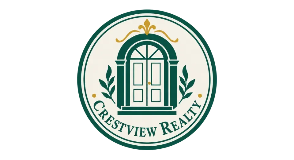 Crestview Realty combination mark logo idea: A single circular seal brings the arched doorway and Crestview Realty together in one tidy, self-contained mark.
