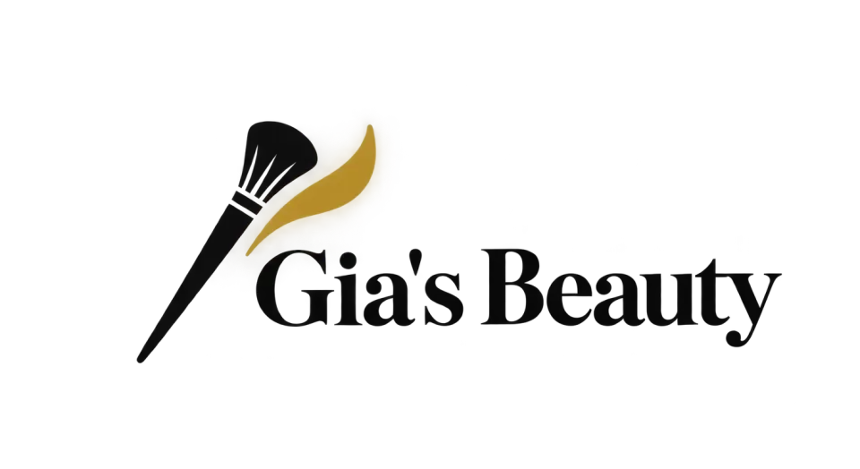 Gia's Beauty combination mark logo idea: A brush paired with one gold, petal-like sweep gives Gia's Beauty a graceful makeup mark without adding visual clutter.