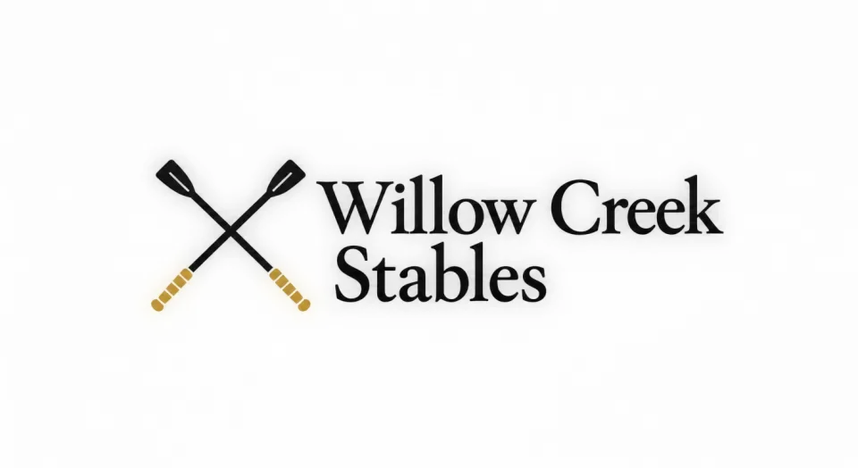 Willow Creek Stables combination mark logo idea: Crossed riding crops give the name a clear equestrian cue, while the restrained colors keep the overall impression polished.