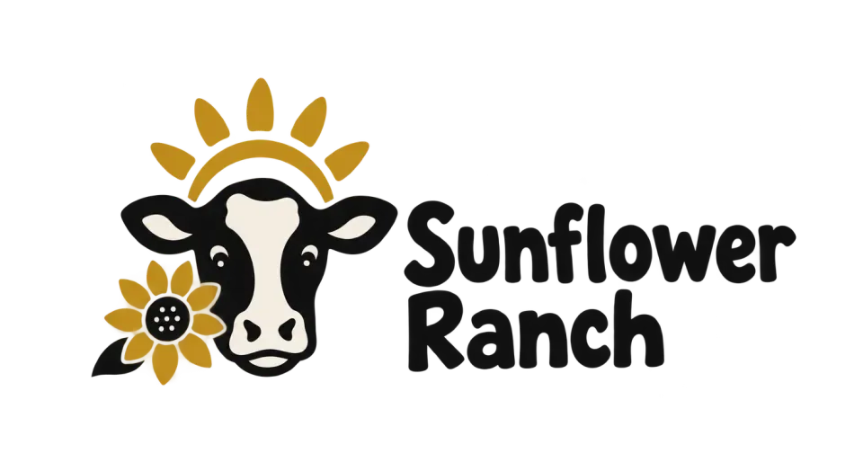 Sunflower Ranch combination mark logo idea: A cow framed by a rising sun and a small flower gives the name a cheerful farm feel without crowding the simple icon.